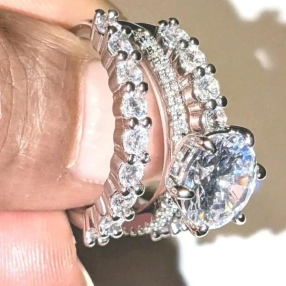 Shimmering 5ct Round Cut Moissanite Trio Silvery Bridal Wedding Ring Set